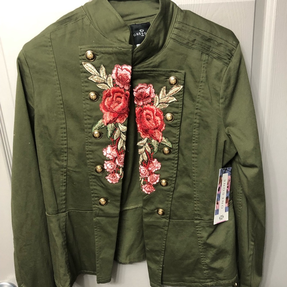 Olive green floral patch jacket